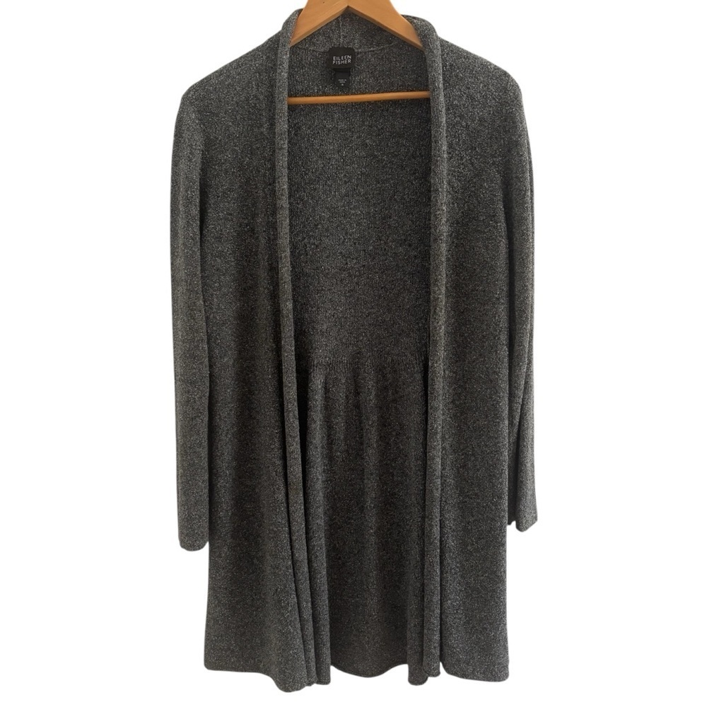 Eileen Fisher Open Front Gray Silk Blend Longline Cardigan Sweater Size M